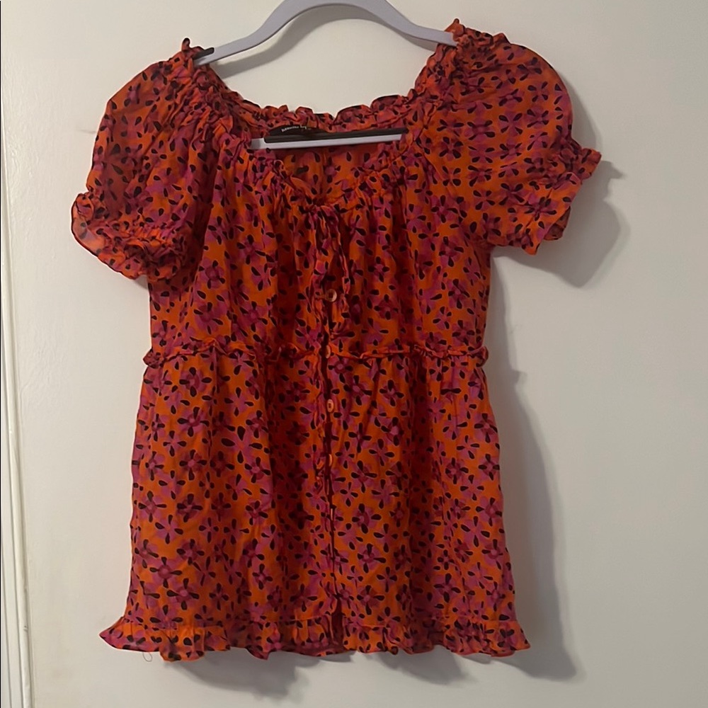 Nanette Lepore Orange Puff Sleeve Blouse with Ruffled Smocked Tie Front